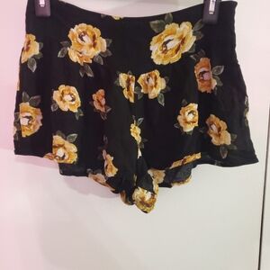 Forever 21 Black Floral High Waist Shorts with Yellow Rose Print
